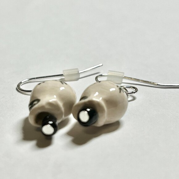 Skull Earrings Ceramic Bead Skeleton Halloween Goth Gothic Dangle Silver Plated - Picture 9 of 12